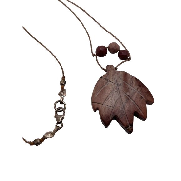 Necklace Women Soapstone Carved Leaf Fall Autum Silver 925 Clasp 17” - Picture 4 of 5